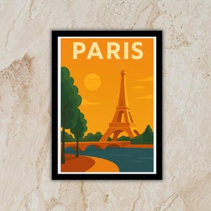 Paris Reise Poster - Vintage Wandkunst - Flat Design Eiffelturm Druck - Digitaler Download - A3 A4 A5 Postkarten Größen