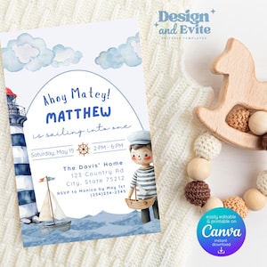 Sailor Invitation | Nautical 1st Birthday Invitation | Editable Canva Template | Sailboat Party Invite | Boy Birthday | Instant Download