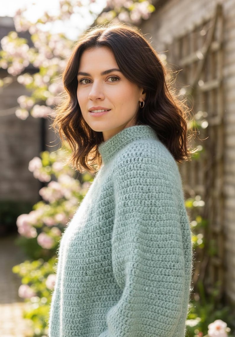 Beginner-friendly crochet sweater pattern PDF, round yoke, top-down, sizes S–XXXL, medium/#4 yarn