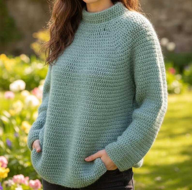 Round yoke crochet pullover PDF pattern, top-down design, worsted/#4, 5 mm hook, digital download