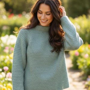 Women’s crochet pullover pattern PDF, round yoke, top-down construction, sizes S–XXXL, worsted/#4 yarn