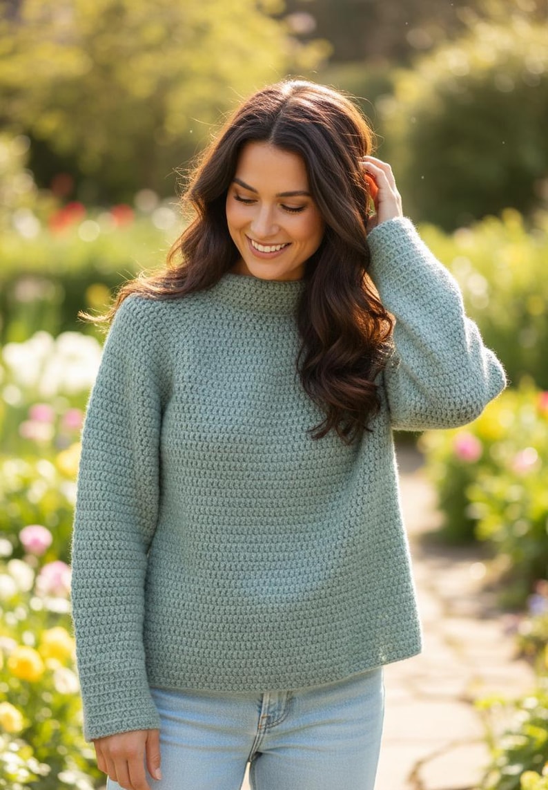 Women’s crochet pullover pattern PDF, round yoke, top-down construction, sizes S–XXXL, worsted/#4 yarn