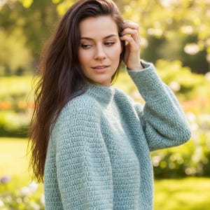 Sage green crochet sweater PDF pattern, round yoke, top-down, 5 mm hook, digital download, sizes S–XXXL