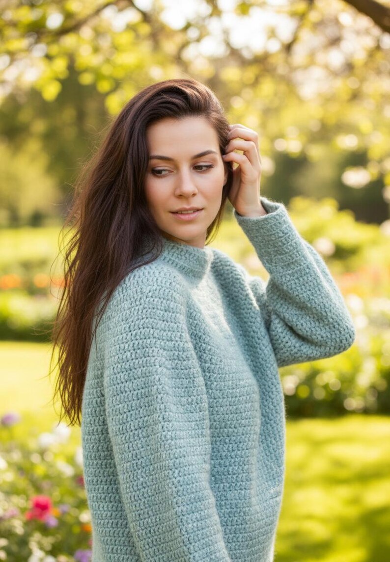 Sage green crochet sweater PDF pattern, round yoke, top-down, 5 mm hook, digital download, sizes S–XXXL