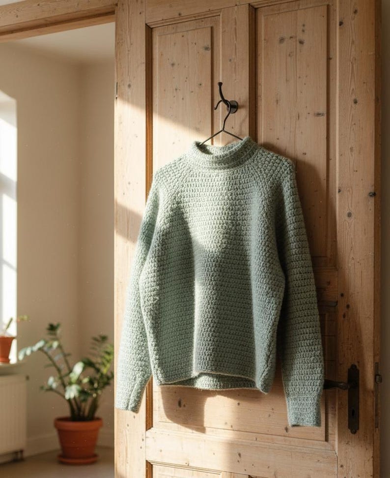 Top-down round yoke crochet sweater PDF pattern, women’s sizes S–XXXL, worked with medium/#4 yarn and 5 mm hook