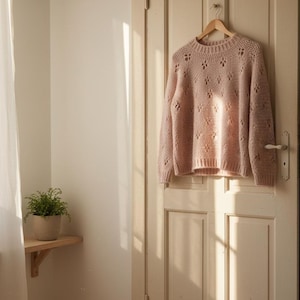 May include: A light pink, crew neck sweater with a textured, openwork design hangs on a wooden hanger from a door. The sweater has a relaxed fit and long sleeves. The door is a light beige color, and a small plant in a pot sits on a wooden shelf.