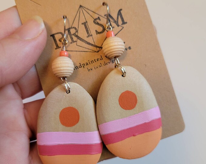 Sunset | Pinks, Orange, Gold | Large Hand Painted Lightweight Wood Earrings