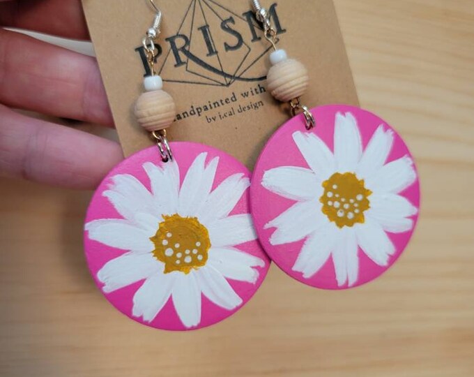 Retro Flowers | Mustard, Bright Pink Daisies | Hippie, Flower Child, Fall | Large Hand Painted Lightweight Wood Earrings