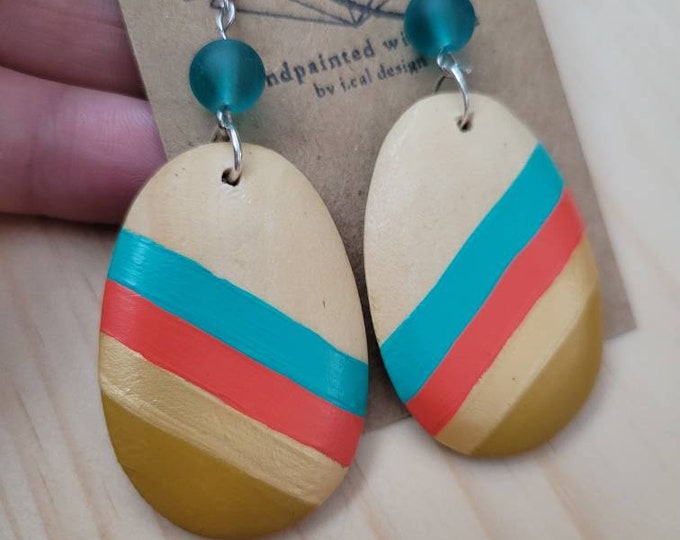 Fall, Retro Colors,  Metallic Gold | Large Striped Flat Teardrop Hand Painted Lightweight Wood Earrings