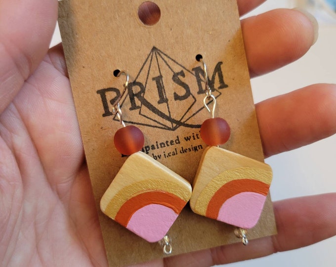 Mod Rainbow | Gold, Rust Orange and Pink | Medium Hand Painted Lightweight Wood Earrings