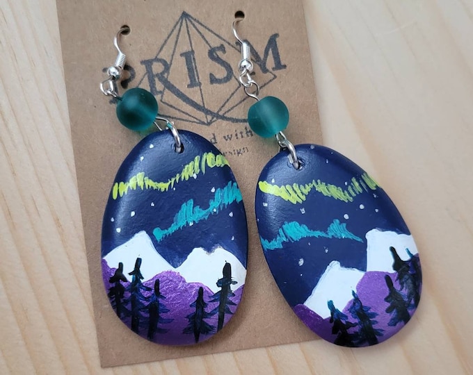 Northern Lights | Night Sky and Mountains, Pine Trees | Flat Teardrop | Large Hand Painted Lightweight Wood Earrings