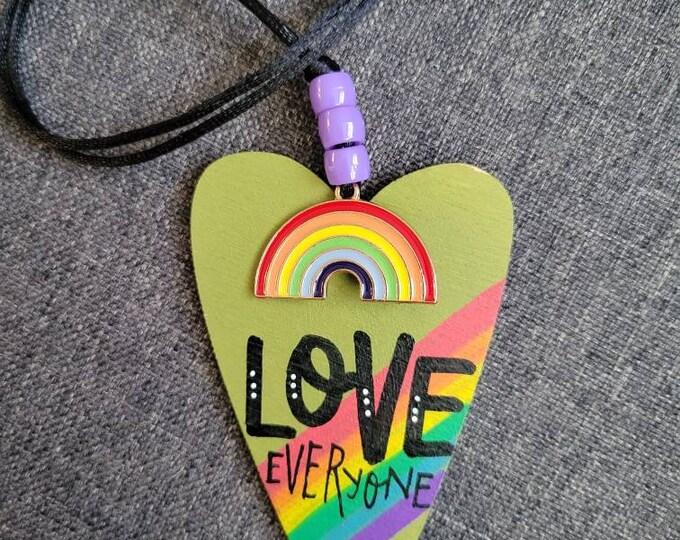 Love Everyone | Car Charm | Handpainted Wood Heart Pride Rear View Mirror Ornament | Locker Ornament