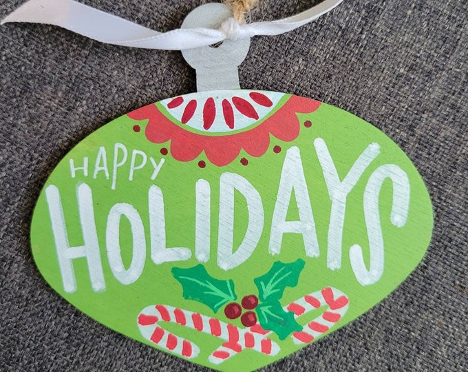 Happy Holidays | Handpainted Wood Cutout Holiday Ornament