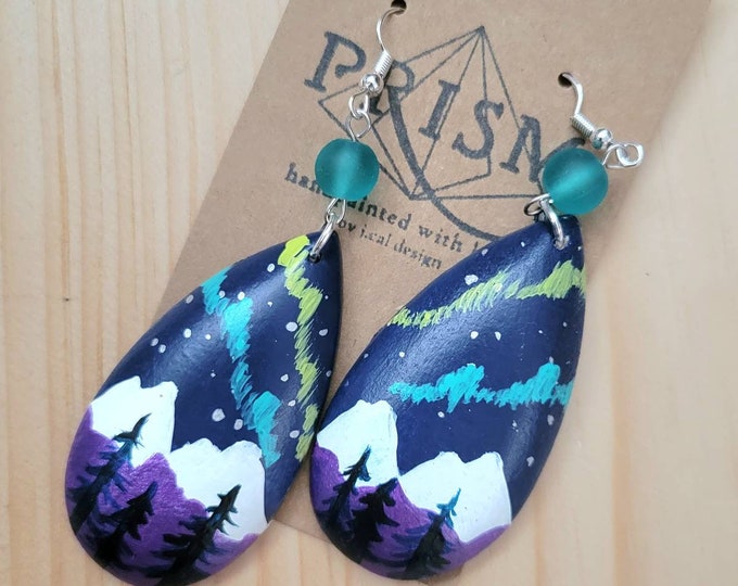 Northern Lights | Night Sky and Mountains, Pine Trees | Large Teardrop | Large Hand Painted Lightweight Wood Earrings