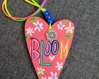 Bloom | Car Charm | Handpainted Wood Heart Rear View Mirror Ornament | Locker Ornament