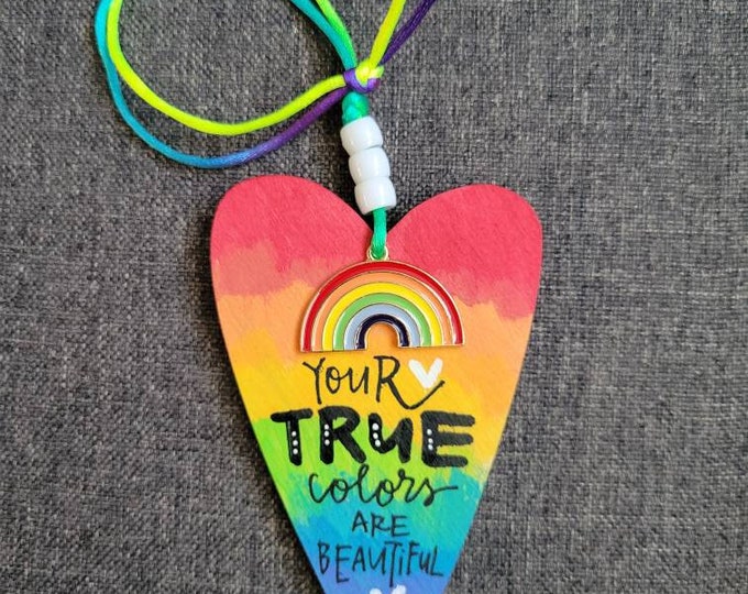 True Colors | Car Charm | Handpainted Wood Heart Rainbow Rear View Mirror Ornament | Locker Ornament