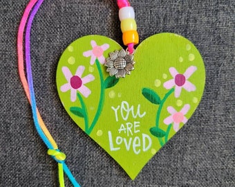 You are Loved | Car Charm | Handpainted Wood Heart Rear View Mirror Ornament | Locker Ornament