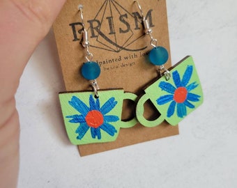 Retro Flowers | Coffee Mug | Daisies | Coffee Lover | Medium Hand Painted Lightweight Wood Earrings