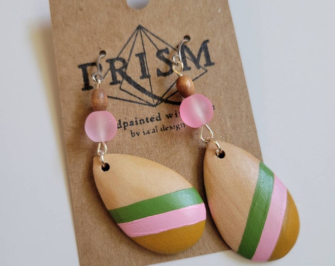 Green, Pink and Mustard Stripes | Medium Hand Painted Lightweight Wood Earrings