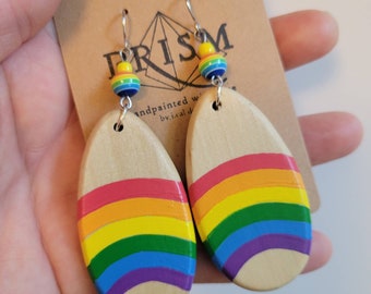 Rainbow Earrings | Large Teardrop Hand Painted Lightweight Wood Earrings