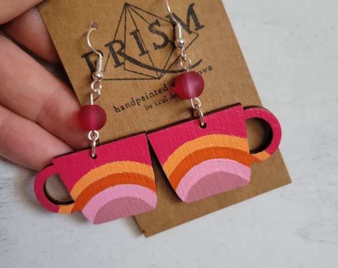 Mod Rainbow | Coffee Mug | Sunrise | Coffee Lover | Medium Hand Painted Lightweight Wood Earrings