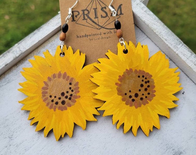 Sunflowers Double-sided Large | Fall and Autumn | Large Hand Painted Lightweight Wood Earrings