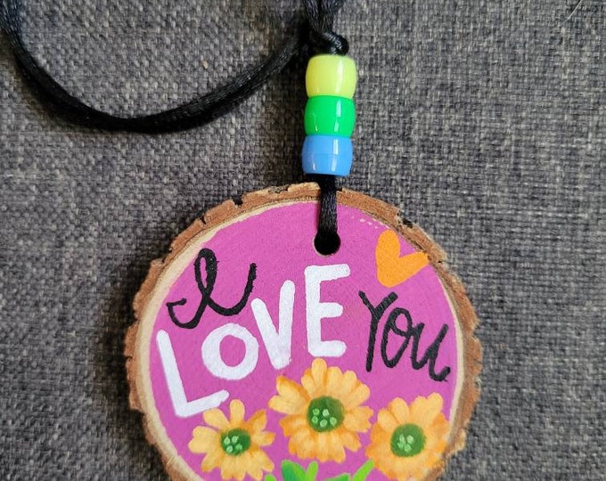 I Love You | Car Charm | Wood Slice Handpainted Rear View Mirror Ornament | Locker Ornament