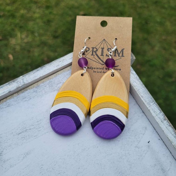 Minnesota Vikings | Team Colors | NFL, nba, SCHOOL sports TEAM | custom | purple and gold | Large Teardrop Hand Painted Wood Earring