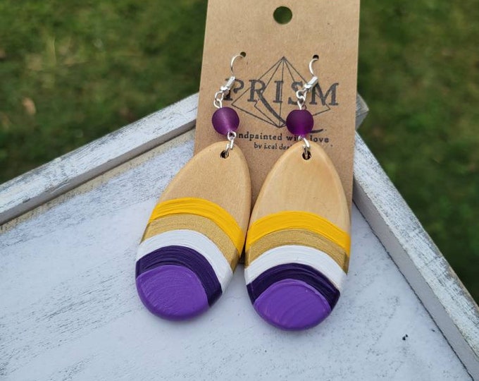 Personalized | Vikings | Team Colors | NFL, nba, SCHOOL sports TEAM | custom | purple and gold | Large Teardrop Hand Painted Wood Earring