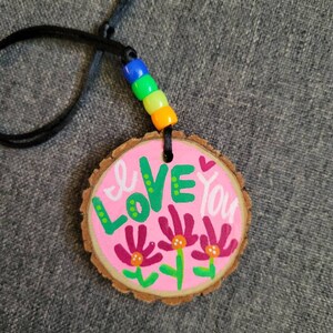 I Love You | Car Charm | Wood Slice Handpainted Rear View Mirror Ornament | Locker Ornament