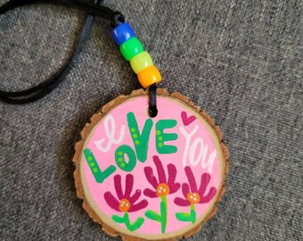 I Love You | Car Charm | Wood Slice Handpainted Rear View Mirror Ornament | Locker Ornament