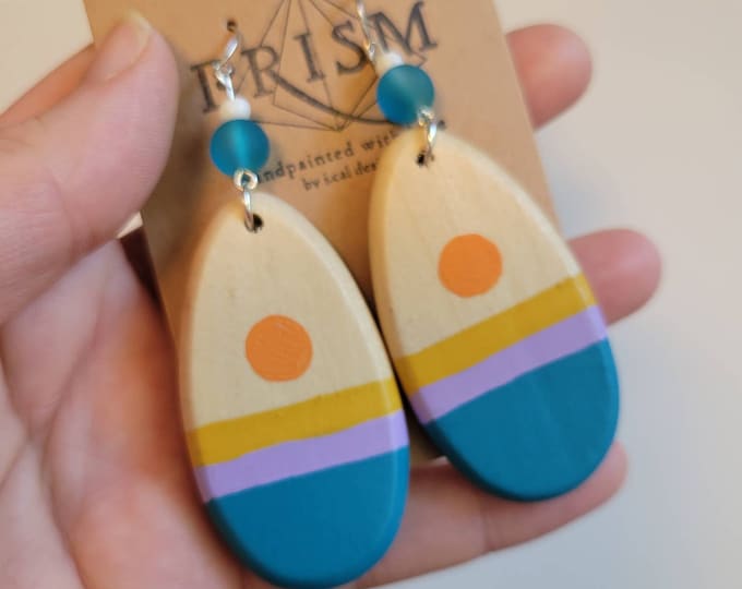 Sunset Ocean | Large Teardrop Hand Painted Lightweight Wood Earrings