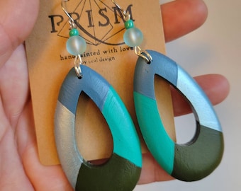 Blues, Olive Green, Metallic Ice Blue | Large Teardrop Hand Painted Lightweight Wood Earrings
