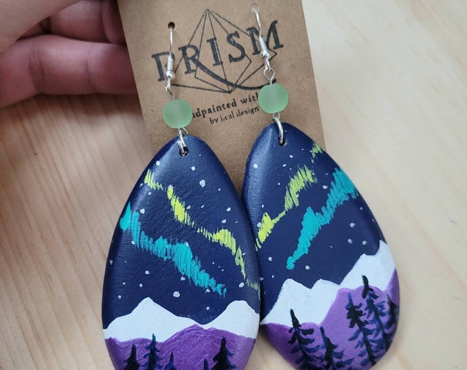 Northern Lights | Night Sky and Mountains, Pine Trees | Large Teardrop | EXTRA Large Hand Painted Lightweight Wood Earrings