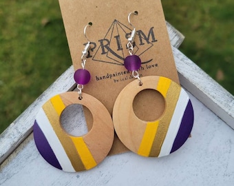 NFL, nhl, nba, fan merch | customizable Team Colors | vikings | stripes | Medium Circle Hoops Hand Painted Lightweight Wood Earrings