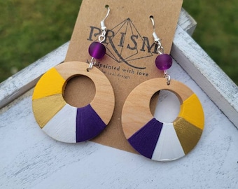 NFL, nhl, nba, fan merch | customizable Team Colors | vikings | bursting | Medium Circle Hoops Hand Painted Lightweight Wood Earrings