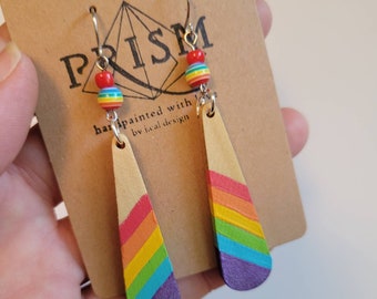 Rainbow Earrings | Long, Slim Teardrop Hand Painted Lightweight Wood Earrings