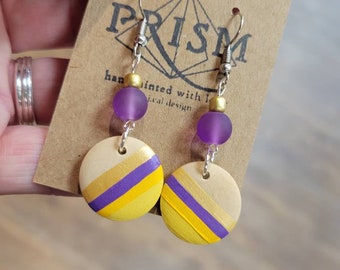 Minnesota Vikings | Team Colors | CUSTOM | purple and gold | NFL, nba, SCHOOL colors | small round Hand Painted Lightweight Wood Earrings