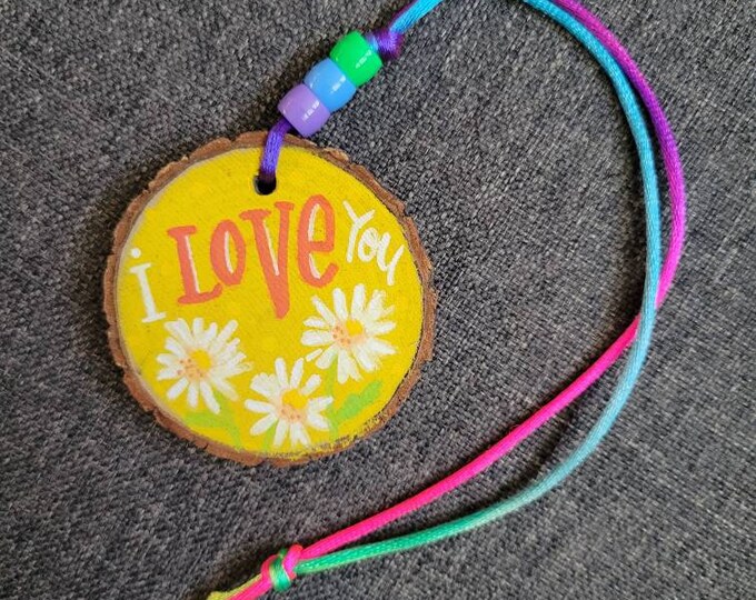 I Love You | Car Charm | Wood Slice Handpainted Rear View Mirror Ornament | Locker Ornament