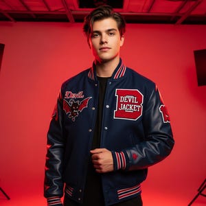 Può includere: Giacca college "Devil Jacket" blu navy e rossa. La giacca presenta una grafica di diavolo e pipistrello rosso sul petto sinistro e le parole "Devil Jacket" sul petto destro. Le maniche sono in pelle blu navy con polsini e colletto a righe rosse e bianche.