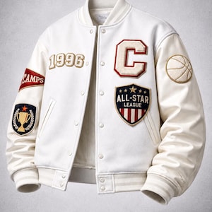 May include: A white varsity jacket featuring a snap-button front, ribbed collar and cuffs, and various patches including the text 1996, a large letter C, a basketball, a trophy emblem, and a shield patch with the text ALL-STAR LEAGUE.