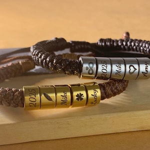 Personalized Mens Woven Leather Bracelet, Adjustable Bracelet, Custom Name Beaded Bracelet, Handmade Jewelry for Him Kid Boyfriend Husband