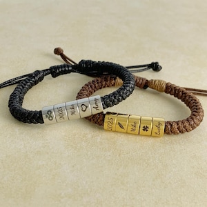 Personalized Mens Woven Leather Bracelet, Adjustable Bracelet, Custom Name Beaded Bracelet, Handmade Jewelry for Him Kid Boyfriend Husband
