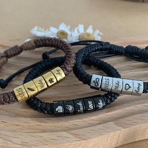Personalized Mens Woven Leather Bracelet, Adjustable Bracelet, Custom Name Beaded Bracelet, Handmade Jewelry for Him Kid Boyfriend Husband