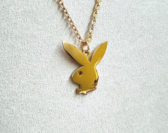 14Kソリッドゴールドのプレイボーイネックレス、大胆なペンダント