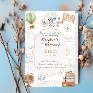 Editable &quot;What A ONEderful World&quot; First Birthday Invitation, First Birthday, World Birthday, Wonderful World Birthday Invitation Template