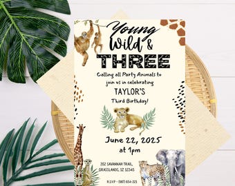 Wild and Three-verjaardagsuitnodiging: dierenthema, bewerkbare canvassjabloon (digitale download)