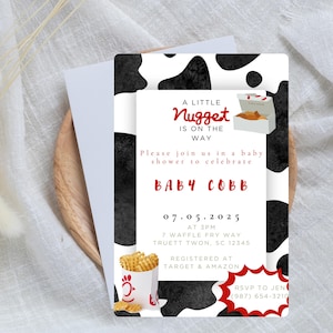 Bearbeitbare Babypartyeinladung &quot;&quot;Little Nugget On The Way&quot;&quot;, Nugget, Kuhdruck, Hühnernugget, Babypartyeinladungsvorlage.&quot;