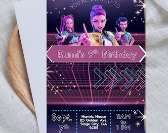 May include: A birthday invitation with a futuristic theme. The invitation features three animated figures and the text "YOU'RE INVITED TO Rumi's 9th Birthday." Additional text includes date, time, and location details. The invitation is purple, pink, and gold.