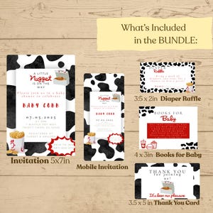 編集可能な「Little Nugget on the Way」ベビーシャワー招待状、牛のテーマ、Little Nugget、ベビーシャワー、ベビーシャワー招待状テンプレート、鶏